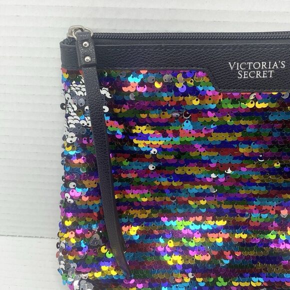 Victoria's Secret Rainbow Sequins Faux Leather Zip Up Clutch Cosmetic Bag Pouch - Picture 3 of 7